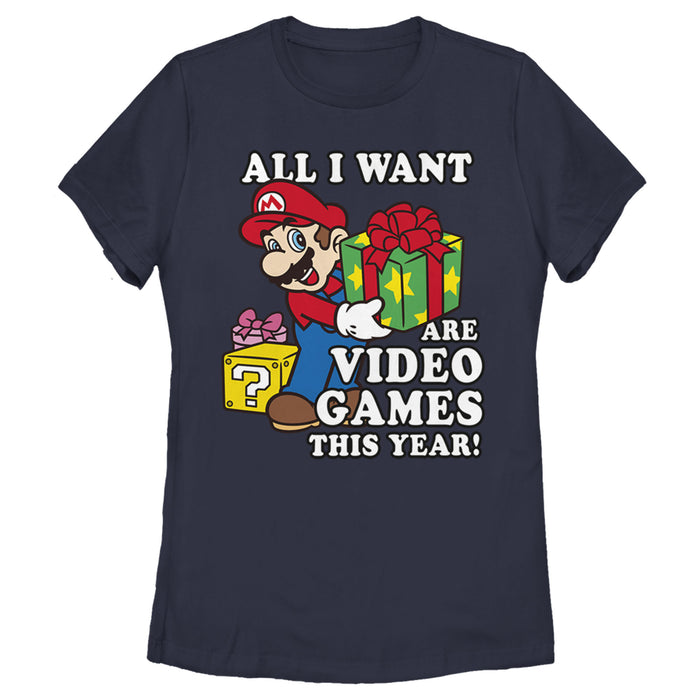 fifth sun Women's Nintendo Christmas Mario All I Want Are Video Games T-Shirt