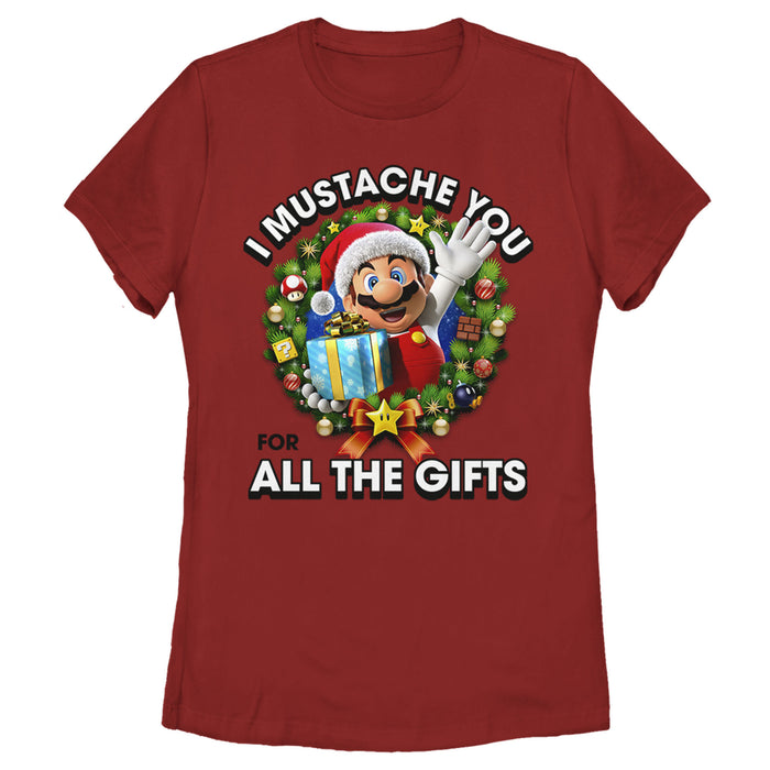 fifth sun Women's Nintendo Christmas Super Mario Mustache T-Shirt