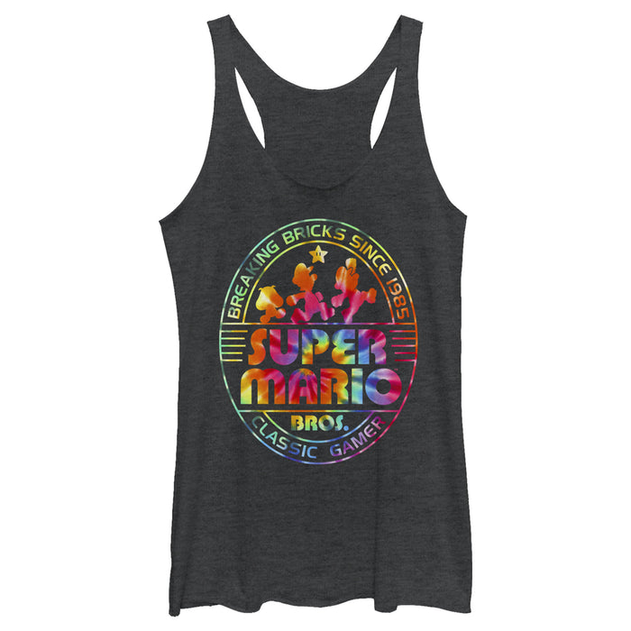 fifth sun Women's Nintendo Super Mario Brick Break 85 Tie-Dye Logo Racerback Tank Top