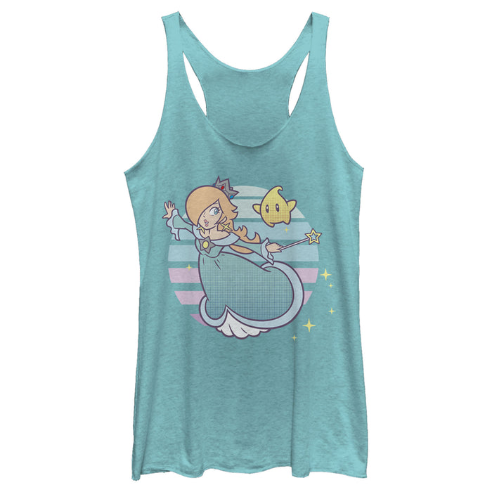 fifth sun Women's Nintendo Super Mario Rosalina And Luma Striped Background Portrait Racerback Tank Top