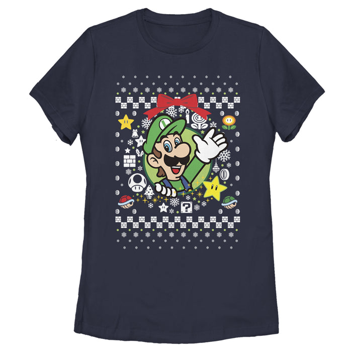 fifth sun Women's Nintendo Ugly Christmas Luigi Wreath T-Shirt