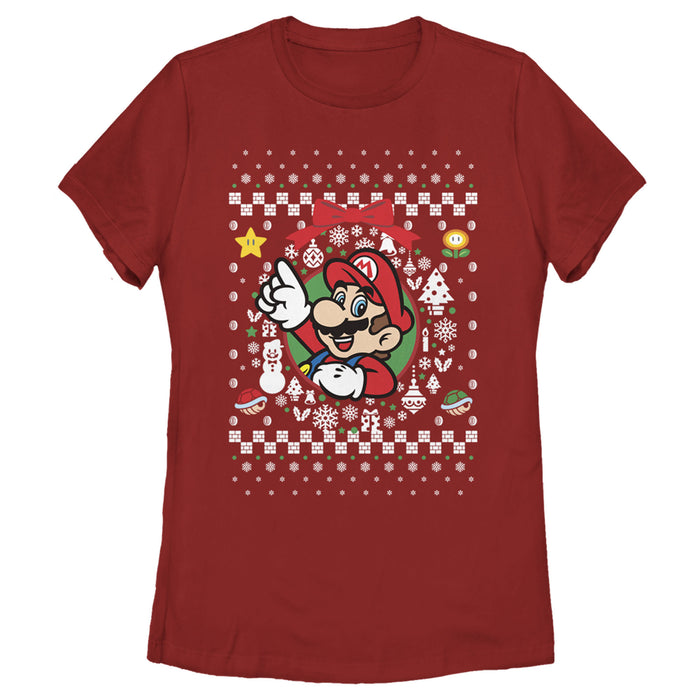 fifth sun Women's Nintendo Ugly Christmas Mario Wreath T-Shirt