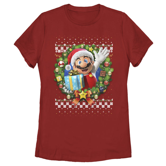 fifth sun Women's Nintendo Ugly Christmas Mario Wreath T-Shirt