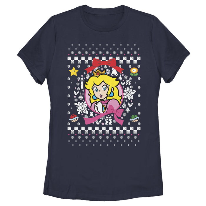 fifth sun Women's Nintendo Ugly Christmas Peach Wreath T-Shirt