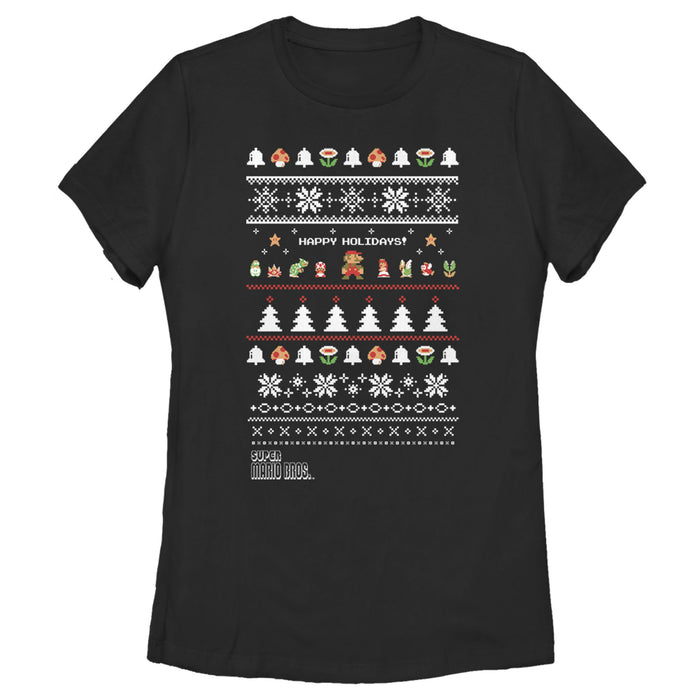 fifth sun Women's Nintendo Ugly Christmas Super Mario Happy Holidays T-Shirt
