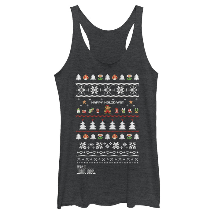 fifth sun Women's Nintendo Ugly Christmas Super Mario Happy Holidays Racerback Tank Top