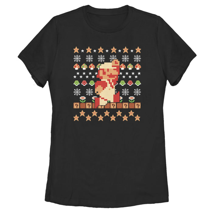fifth sun Women's Nintendo Ugly Christmas Super Mario Pixel T-Shirt