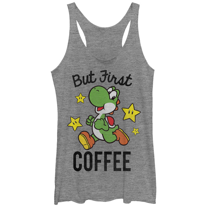 fifth sun Women's Nintendo Yoshi First Coffee Racerback Tank Top