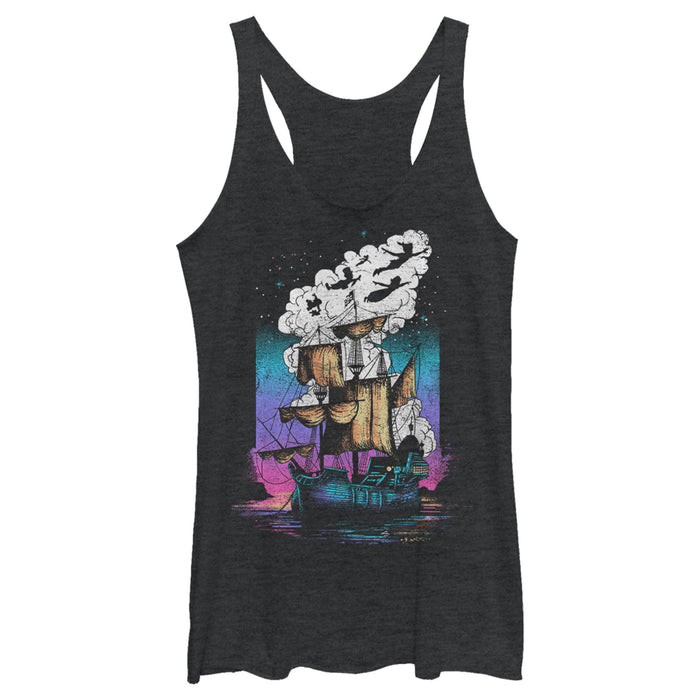 fifth sun Women's Peter Pan Pirate Ship Flight Neon Racerback Tank Top