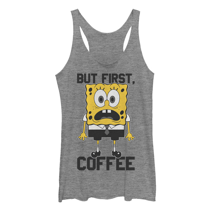 fifth sun Women's SpongeBob SquarePants But First Coffee Racerback Tank Top