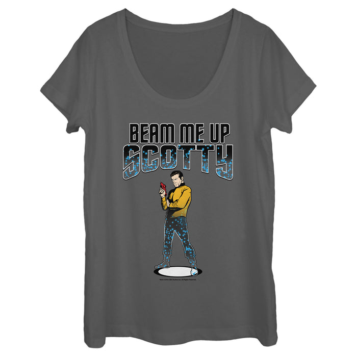 fifth sun Women's Star Trek Cartoon Kirk Beam Me Up Scotty Transporter Scoop Neck