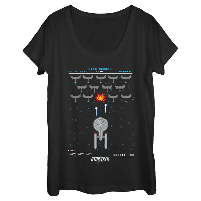fifth sun Women's Star Trek Enterprise Pixel Video Game Battle Scoop Neck