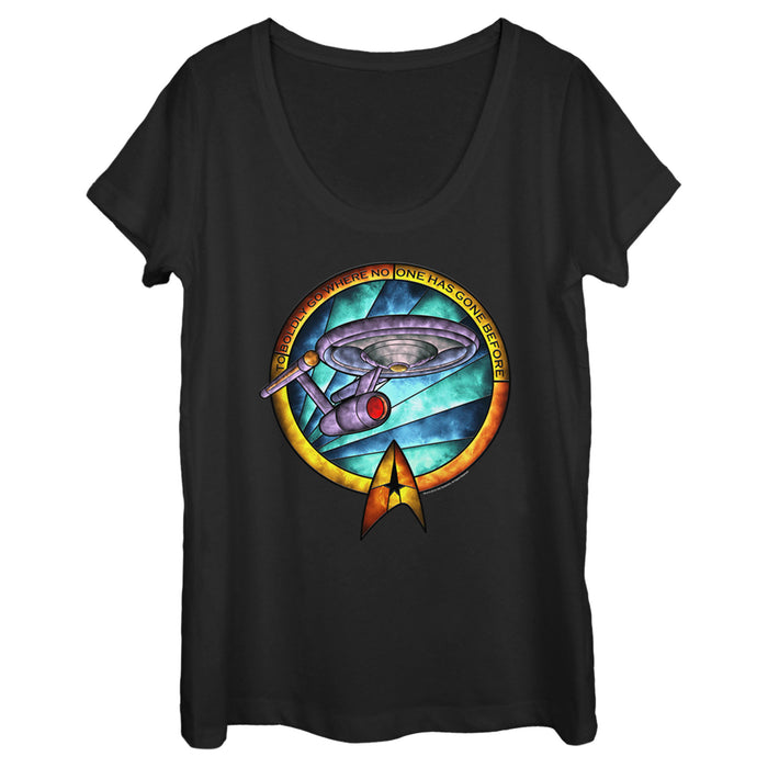 fifth sun Women's Star Trek USS Enterprise Stained Glass To Boldly Go Scoop Neck