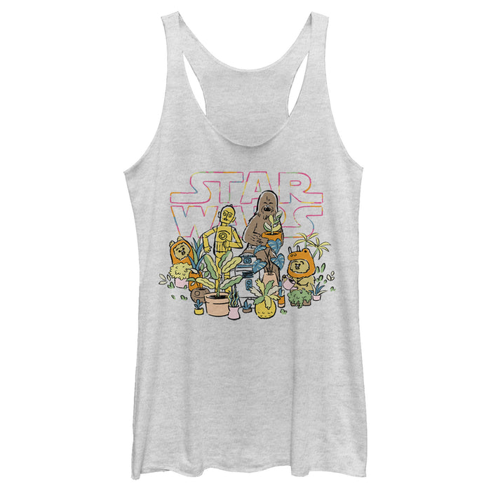 fifth sun Women's Star Wars C-3PO And Chewbacca Plant Doodle Racerback Tank Top
