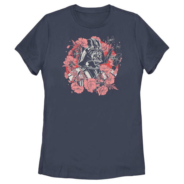 fifth sun Women's Star Wars Floral Darth Vader With Tie Fighters T-Shirt