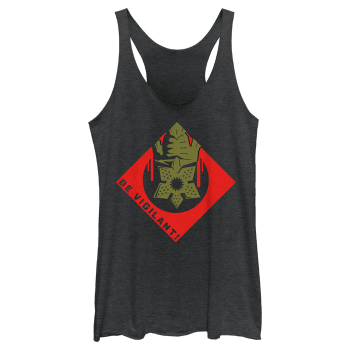 fifth sun Women's Stranger Things Be Vigilant Demogorgon Badge Racerback Tank Top