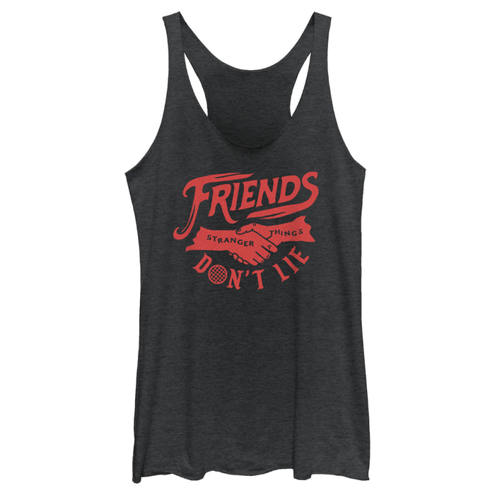 fifth sun Women's Stranger Things Friends Don't Lie Handshake Racerback Tank Top