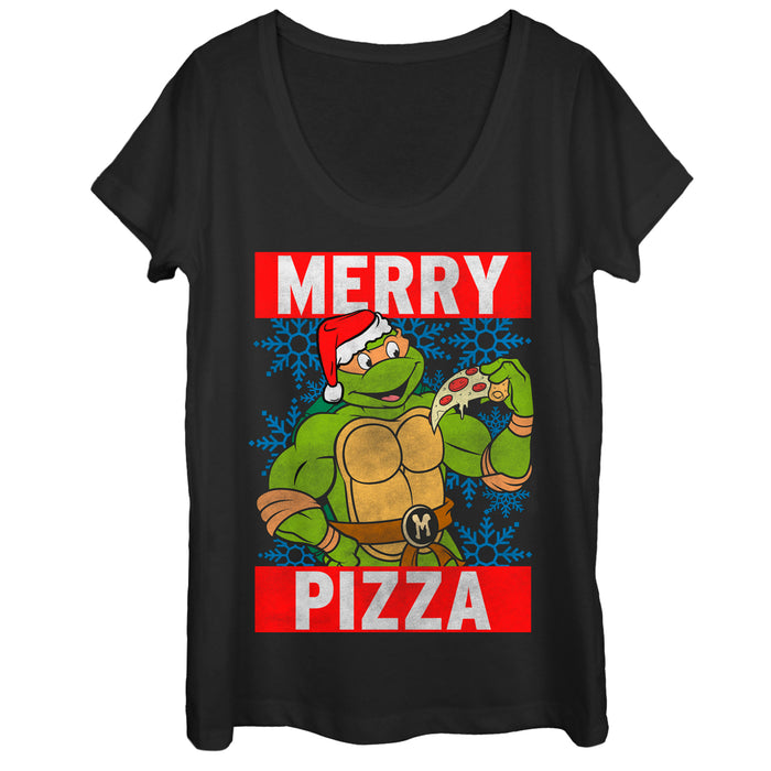 fifth sun Women's Teenage Mutant Ninja Turtles Christmas Merry Pizza Scoop Neck