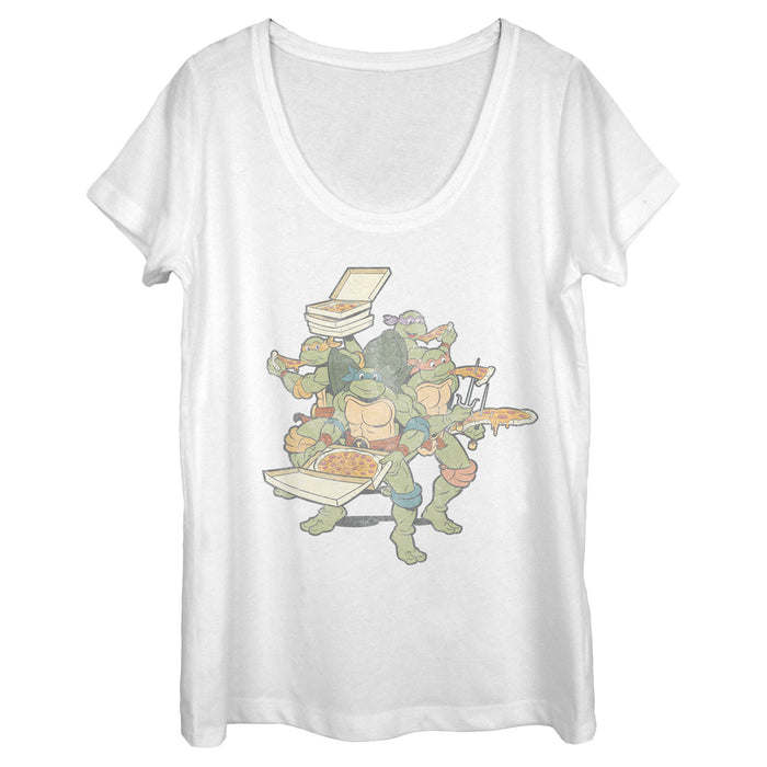 fifth sun Women's Teenage Mutant Ninja Turtles Distressed Pizza Lovers Scoop Neck