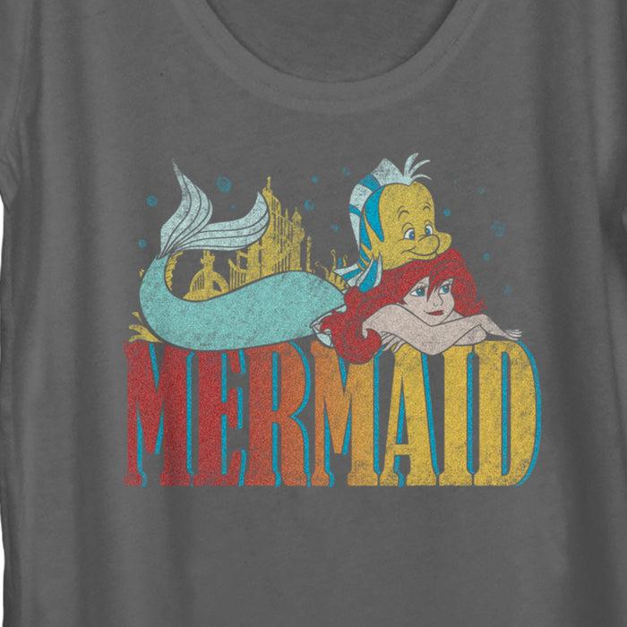 Fifth Sun Women's The Little Mermaid Ariel And Flounder Distressed Logo Scoop Neck