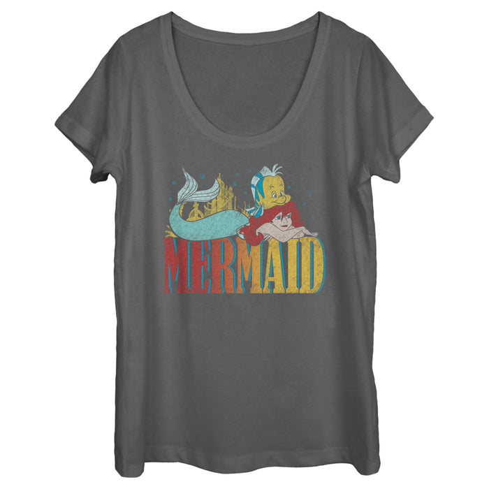 fifth sun Women's The Little Mermaid Ariel and Flounder Distressed Logo Scoop Neck