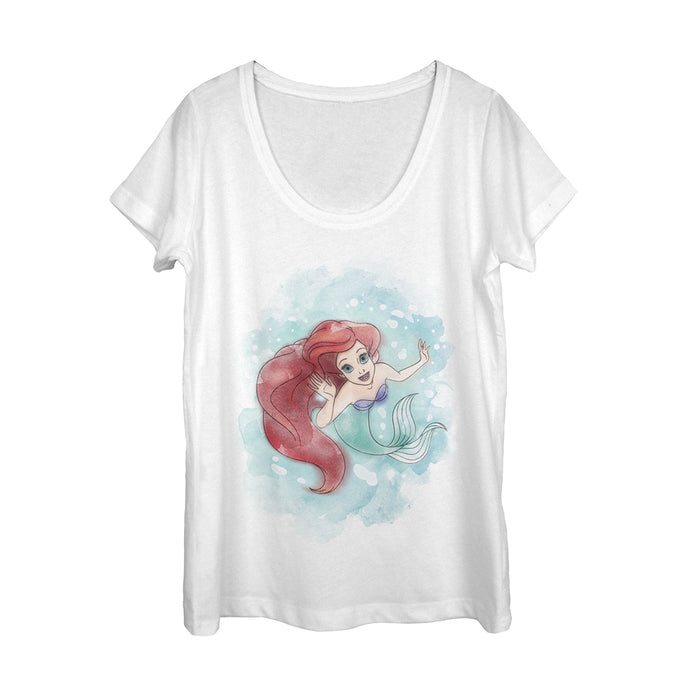 fifth sun Women's The Little Mermaid Ariel Watercolor Print Scoop Neck