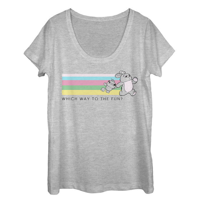 fifth sun Women's Toy Story Ducky & Bunny Fun Rainbow Race Scoop Neck