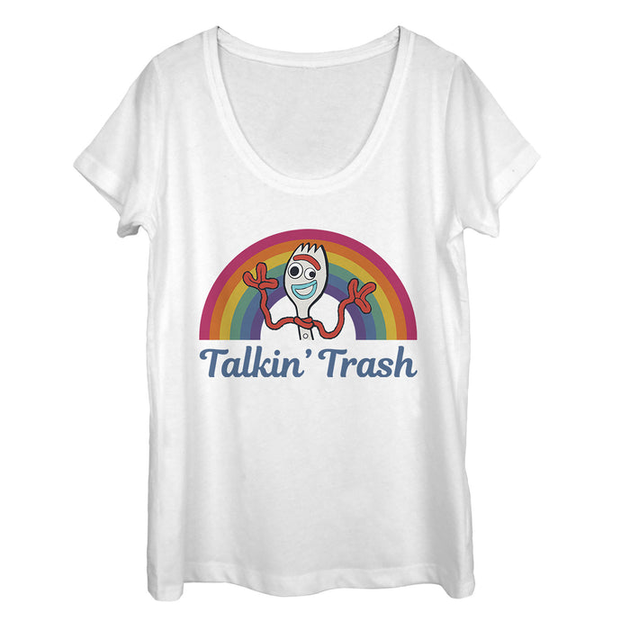 Fifth Sun Women's Toy Story Forky Talkin' Trash Rainbow Scoop Neck