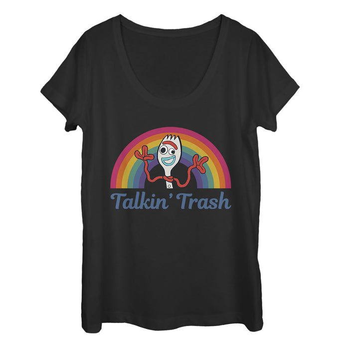 Fifth Sun Women's Toy Story Forky Talkin' Trash Rainbow Scoop Neck