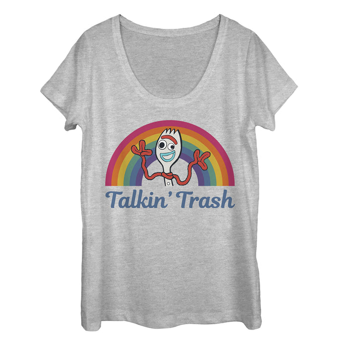 fifth sun Women's Toy Story Forky Talkin' Trash Rainbow Scoop Neck