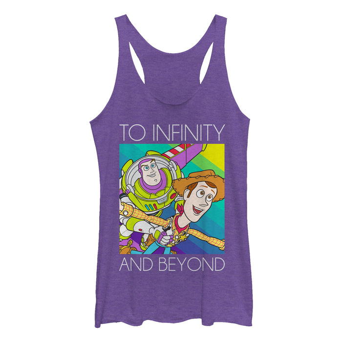 fifth sun Women's Toy Story Infinity and Beyond Rainbow Racerback Tank Top